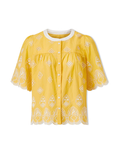 Cefinn Yellow white Bonnie organic cotton blouse at Collagerie