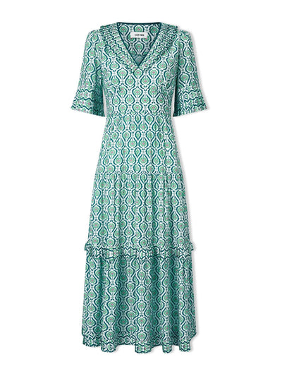 Cefinn White green tudor rose print Cordelia cotton blend maxi dress at Collagerie