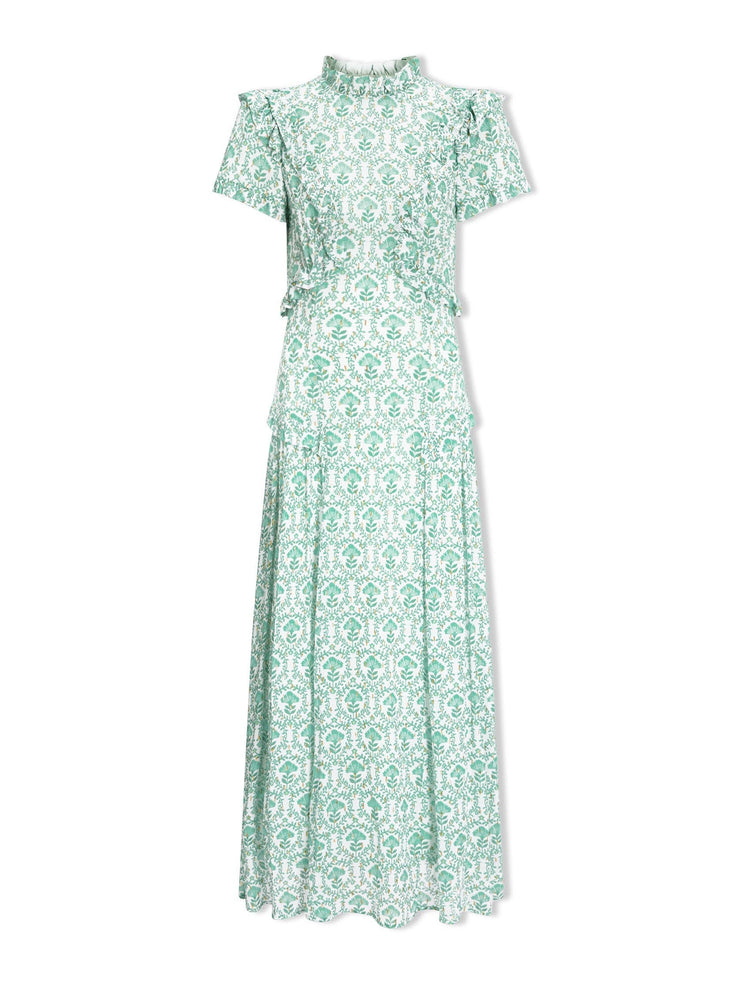 Pale green carnation print Mirabel gold metallic fil coupé maxi dress Dress Cefinn    - Collagerie