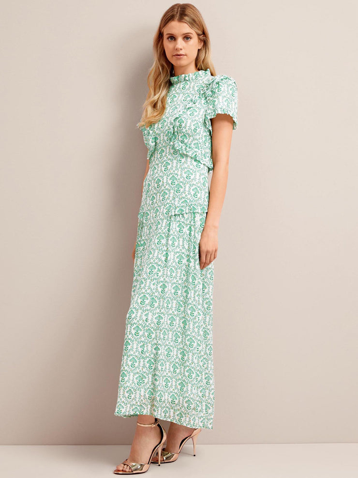 Pale green carnation print Mirabel gold metallic fil coupé maxi dress Dress Cefinn    - Collagerie