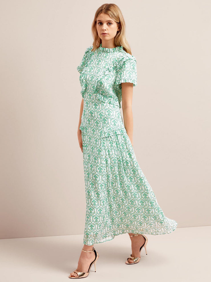 Pale green carnation print Mirabel gold metallic fil coupé maxi dress Dress Cefinn    - Collagerie