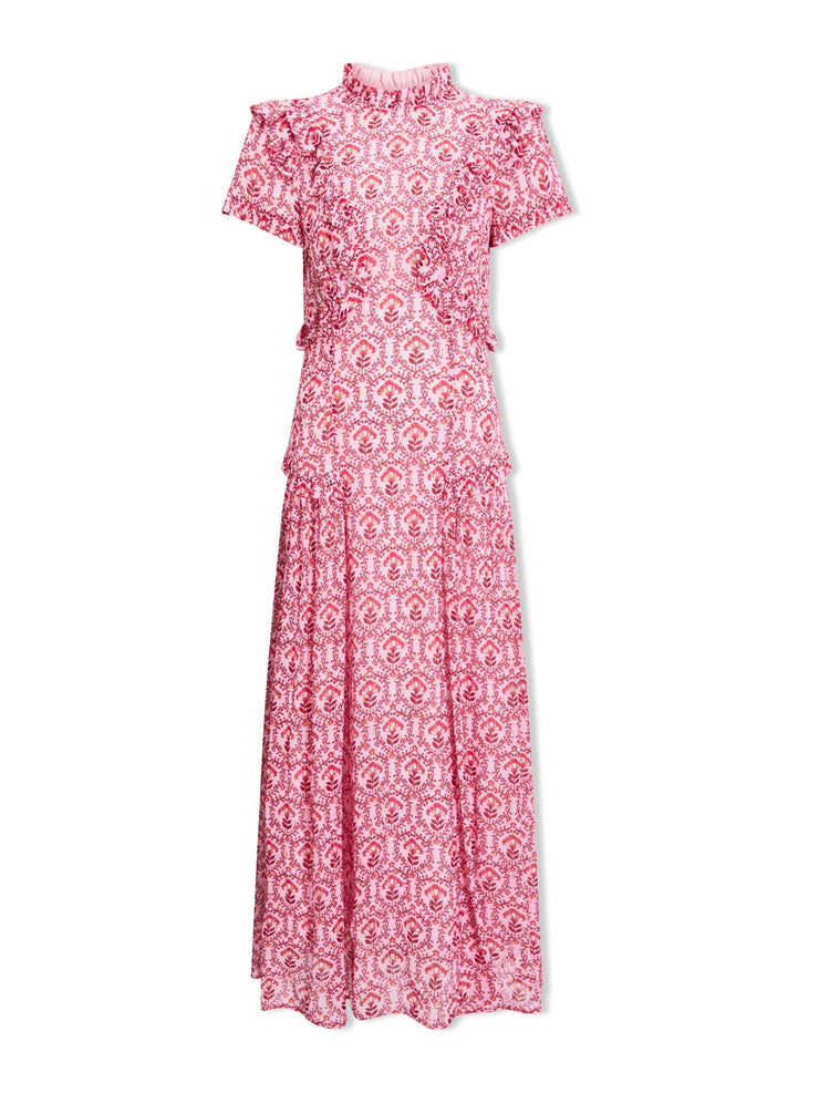 Pink carnation print Mirabel gold metallic fil coupé maxi dress Dress Cefinn    - Collagerie