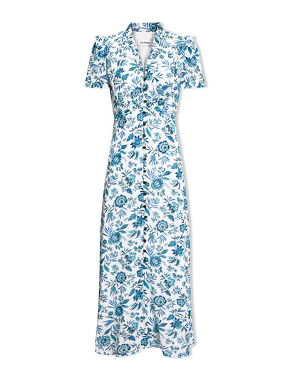 Cefinn White blue palm floral Liliana cotton blend maxi dress at Collagerie