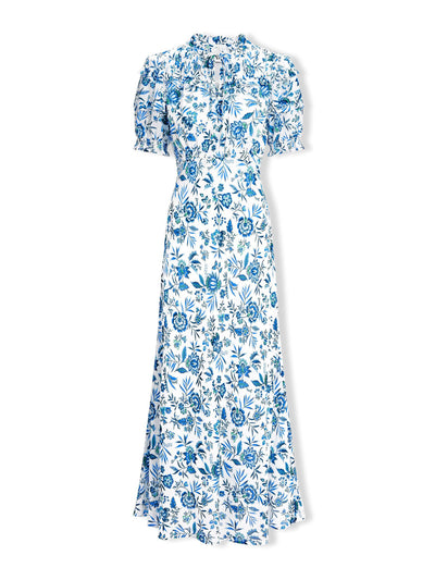 Cefinn White blue palm floral Viola cotton blend bias cut maxi dress at Collagerie