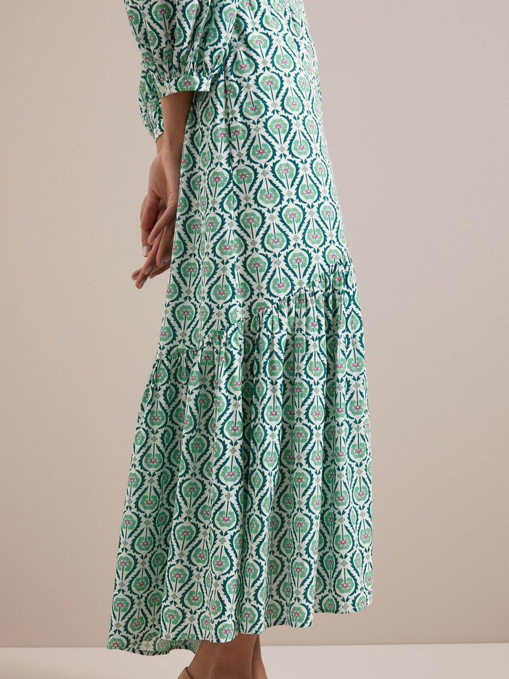 White green tudor rose print Aspen cotton blend maxi dress Dress Cefinn    - Collagerie