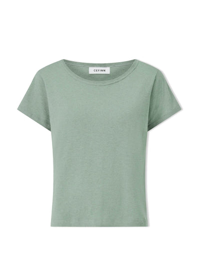 Cefinn Sage green Madison linen blend round neck knit t-shirt at Collagerie