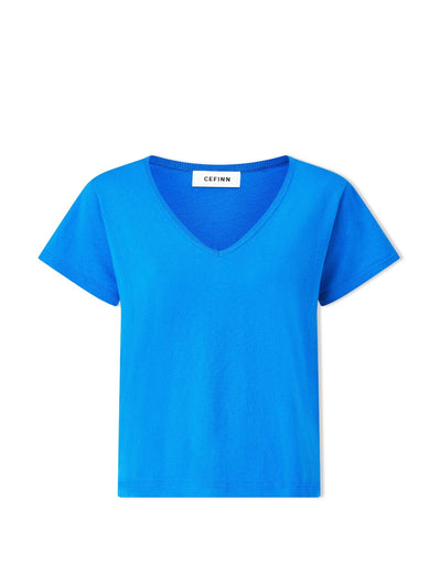 Cefinn Bright blue Madison linen blend v neck knit t-shirt at Collagerie