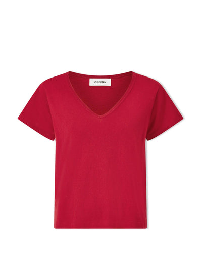 Cefinn Red Madison linen blend v neck knit t-shirt at Collagerie