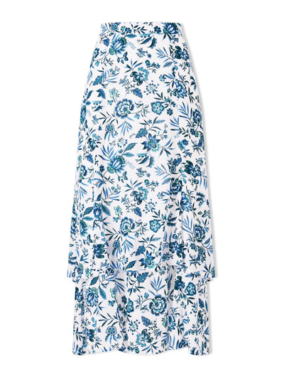 Cefinn White blue palm floral Lotta cotton blend maxi skirt at Collagerie
