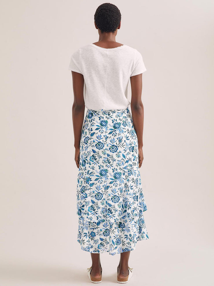 White blue palm floral Lotta cotton blend maxi skirt