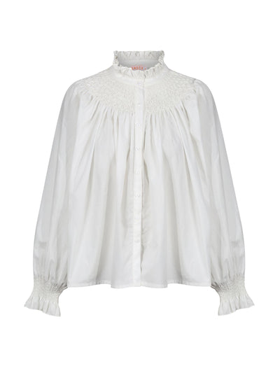 Smock London Scholl hand-smocked white blouse with pearl embellishment at Collagerie