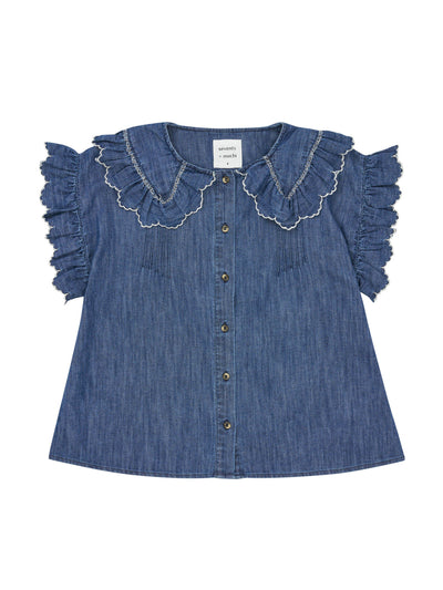 Seventy + Mochi Washed indigo short sleeve Phoebe blouse at Collagerie
