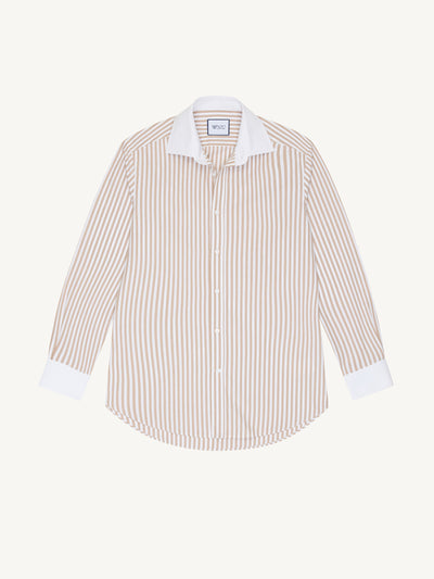 With Nothing Underneath The Boyfriend contrast, fine poplin, latte stripe shirt at Collagerie