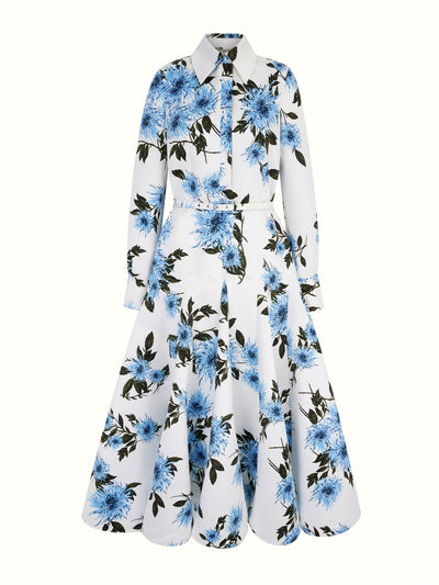 Emilia Wickstead Tomasina dress in blue dahlia floral print taffeta faille at Collagerie