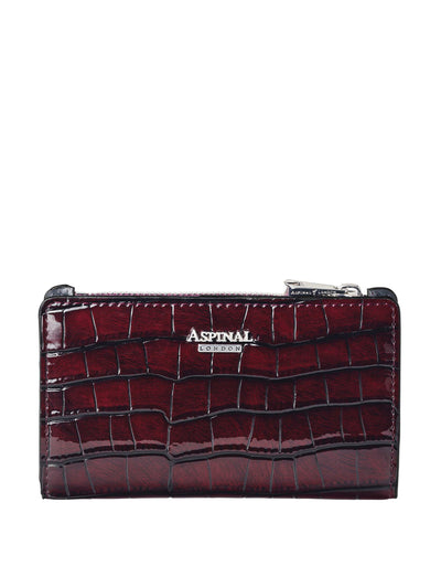 Aspinal Of London Mayfair coin & card wallet in ruby embossed patent croc at Collagerie