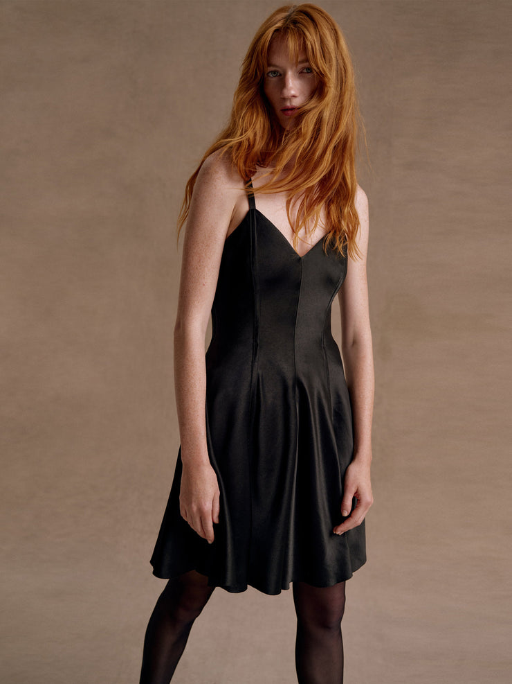 Black satin mini swing dress Clothing Marina Moscone    - Collagerie