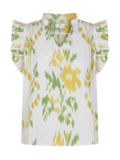 Valeria Cotoner White, yellow and green Ikat cotton blouse at Collagerie