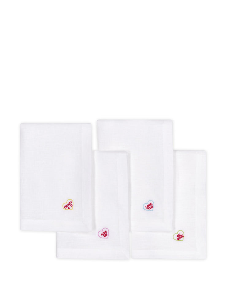 Embroidered sweetheart candy napkins, set of 4