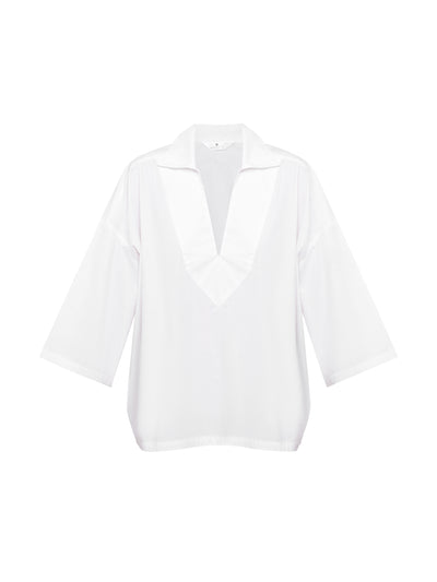 Valeria Cotoner White cotton poplin V neck shirt at Collagerie