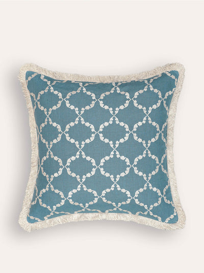 Birdie Fortescue Blue embroidered linen cushion at Collagerie