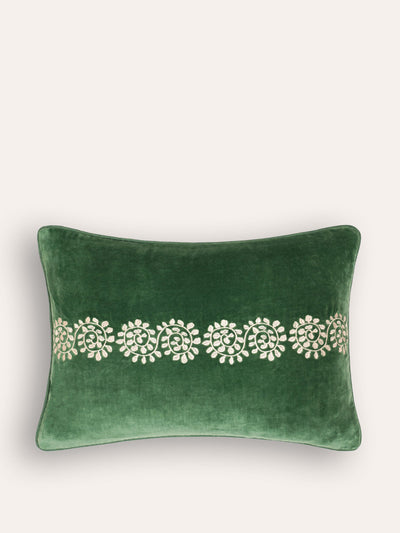 Birdie Fortescue Green Cordoba embroidered velvet cushion at Collagerie