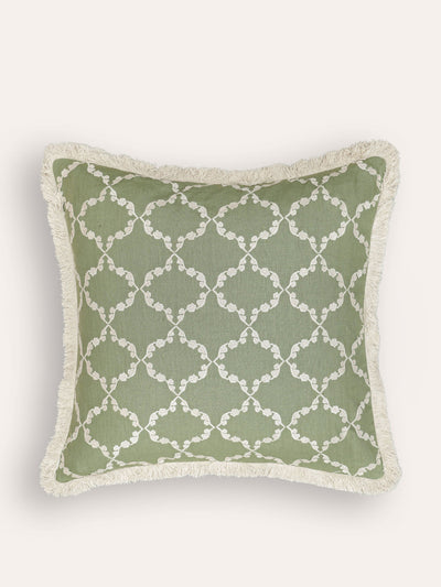 Birdie Fortescue Green embroidered linen cushion at Collagerie