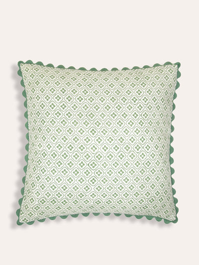 Birdie Fortescue Green Finestra block print cushion at Collagerie