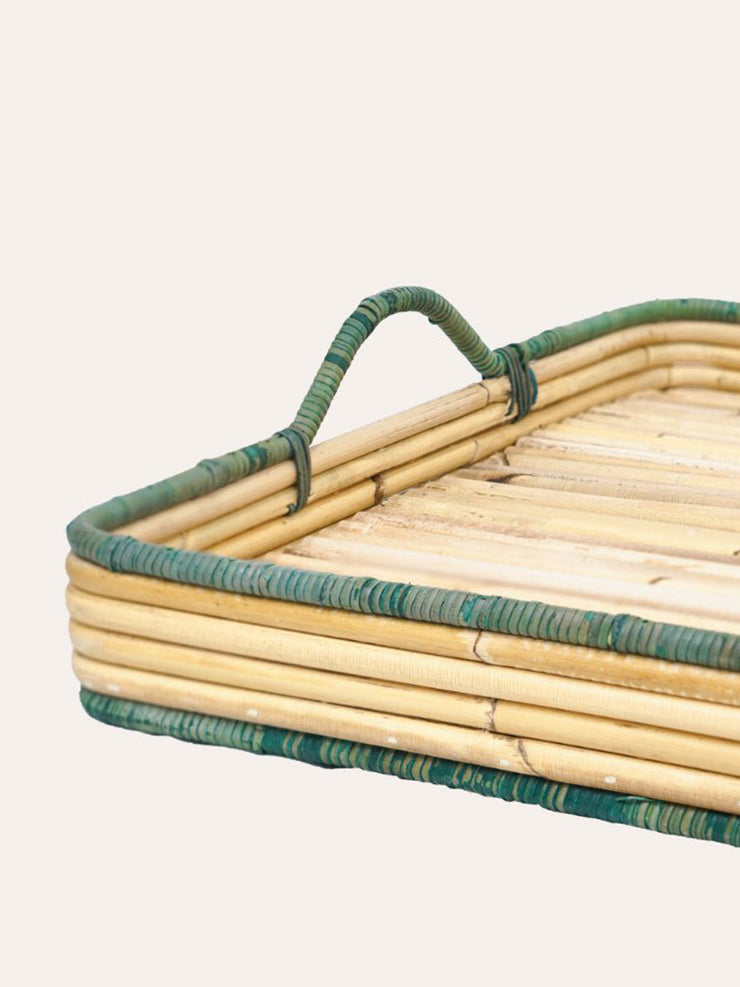 Green handwoven rattan tray