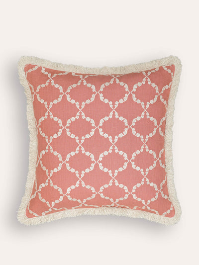 Birdie Fortescue Pink embroidered linen cushion at Collagerie
