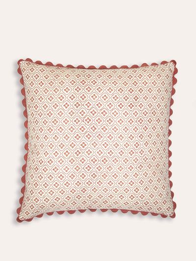 Birdie Fortescue Pink Finestra block print cushion at Collagerie