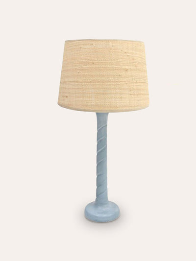 Birdie Fortescue Small light blue twisted wooden table lamp at Collagerie