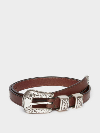 J&M Davidson Western buckle belt, brown and silver at Collagerie