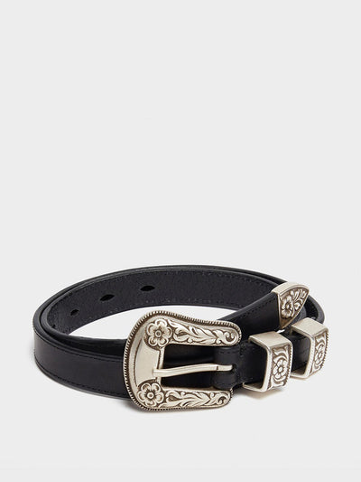 J&M Davidson Western buckle belt, black and silver at Collagerie