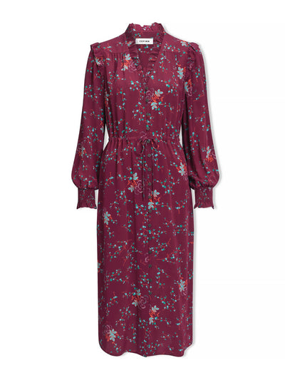 Cefinn Burgundy lotus print Stella silk midi dress at Collagerie