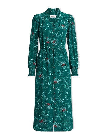 Cefinn Green lotus print Stella silk midi dress at Collagerie