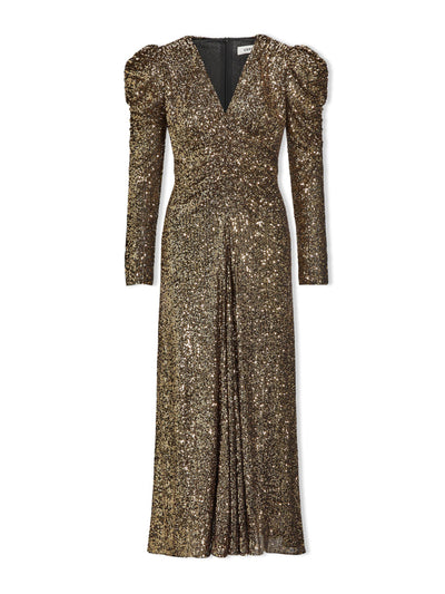 Cefinn Gold Ophelia bias cut sequin maxi dress at Collagerie