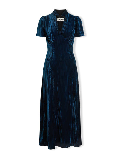 Cefinn Dark blue Jacquetta plisse velvet bias cut maxi dress at Collagerie