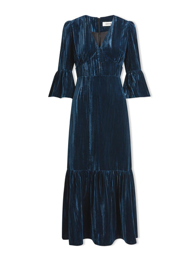 Cefinn Dark blue Daphne plisse velvet v neck maxi dress at Collagerie