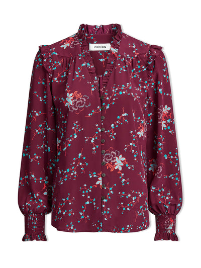 Cefinn Burgundy lotus print Stella silk shirt at Collagerie