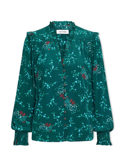 Cefinn Green lotus print Stella silk shirt at Collagerie