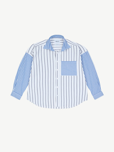 With Nothing Underneath The Midnight and Royal Blue Stripe Patchwork fine poplin Weekend shirt at Collagerie
