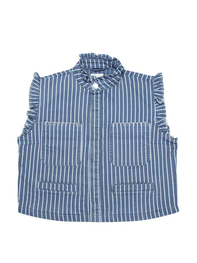 Seventy + Mochi Pablo waistcoat in washed denim wide stripe at Collagerie