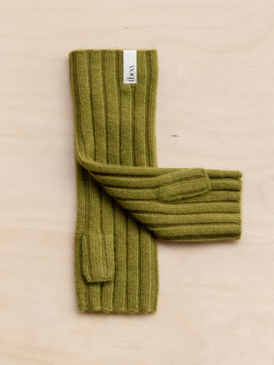 TBCo Cashmere and merino wrist warmers in Olive at Collagerie