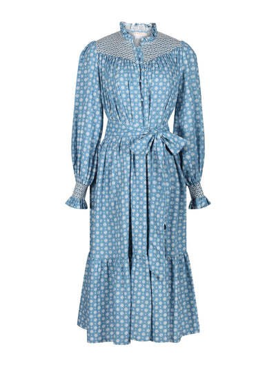 Smock London Wu zetian women's dress cornflower ikat with coconut hand smocking at Collagerie