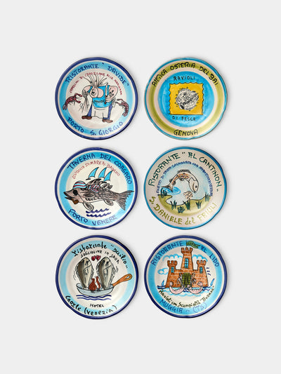 Antique and Vintage Mid-century buon Ricordo hand-painted ceramic dinner plates (set of 6) at Collagerie