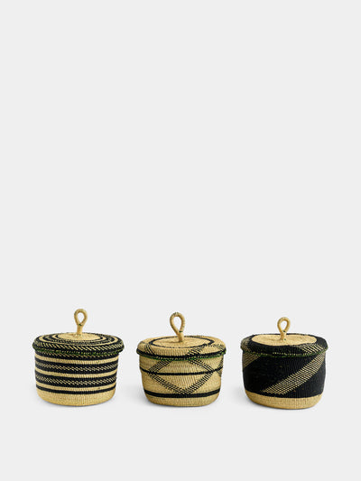 Baba Tree Banasco handwoven elephant grass lidded storage baskets (set of 3) at Collagerie
