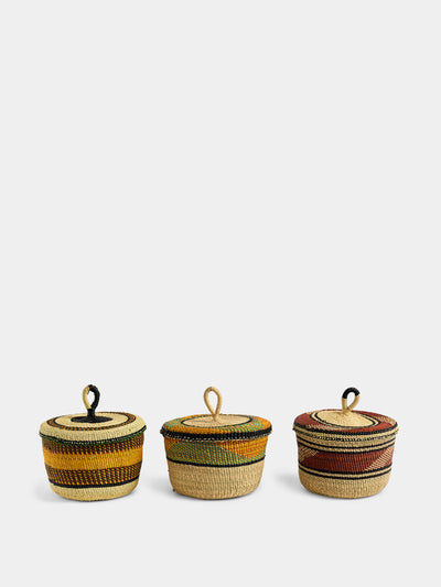 Baba Tree Banasco handwoven elephant grass lidded storage baskets (set of 3) at Collagerie