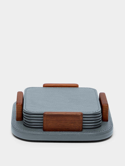 Giobagnara Leather and walnut coasters with holder (set of 6) at Collagerie