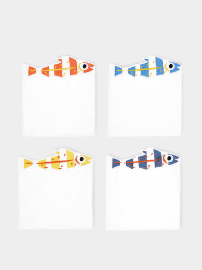 La Gallina Matta Sardines embroidered linen cocktail napkins (set of 4) at Collagerie
