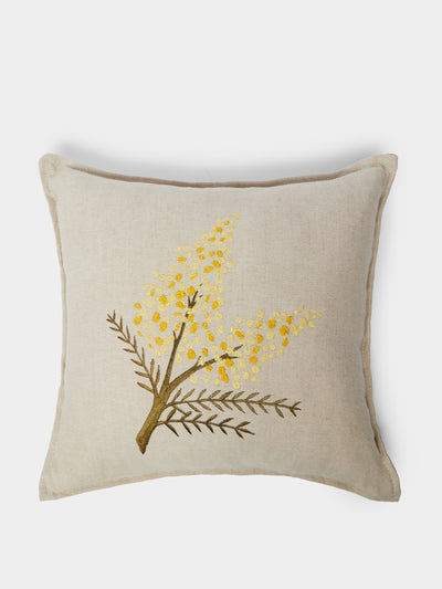 Lora Avedian Mimosa hand-embroidered linen cushion at Collagerie